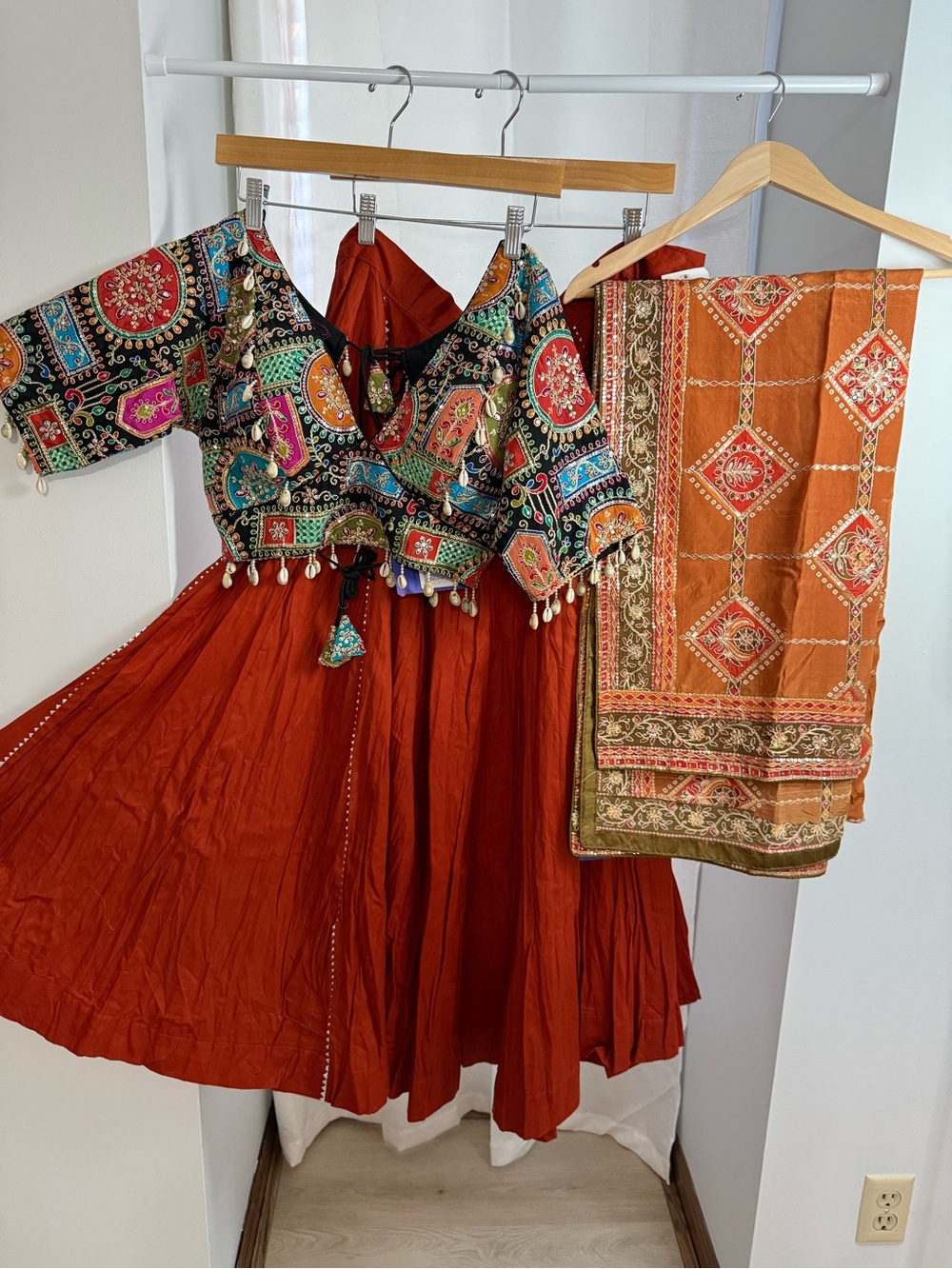 Designer Rust Orange Lehenga Set with Multicolor Mirror-Work Blouse